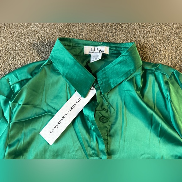 L.I.F.E. Luxurious Spliced Faux Feather Party Silky Blouse L💚New with Tags - Picture 6 of 10